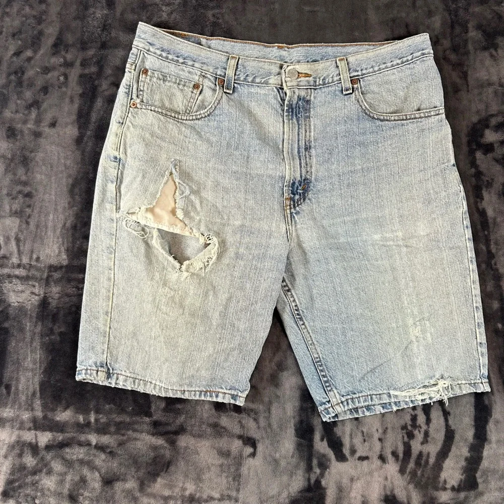 Levi's 505 Denim Shorts Mens W36 Light Blue Distressed Regular Fit